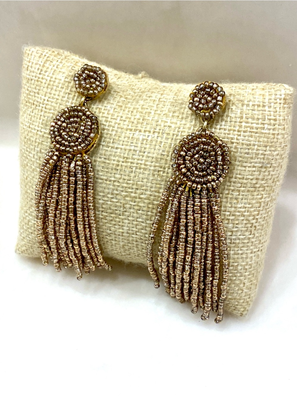 J. Crew Champagne Metallic Rose Gold Beaded Tassel Statement Drop Earrings